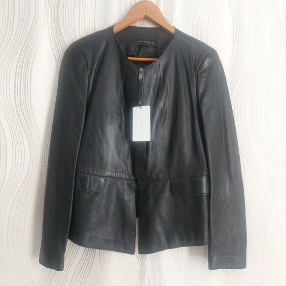 NWT ZARA Leather Jacket Large Black Round Neck Dressy Edgy Peplum Back - Picture 2 of 12